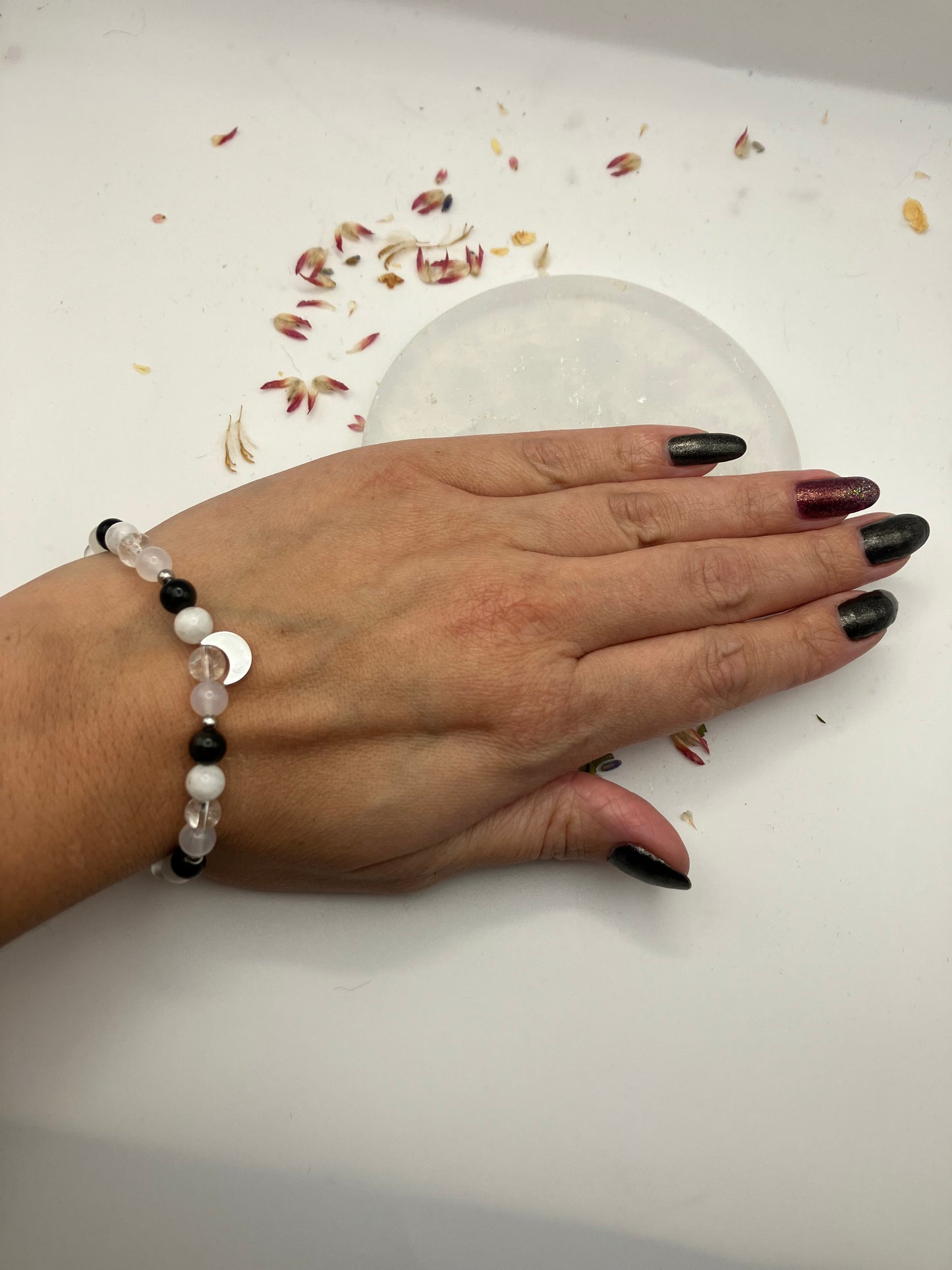 ‘To the moon and back’ mono chrome bracelet with moon charm (no charm option available).