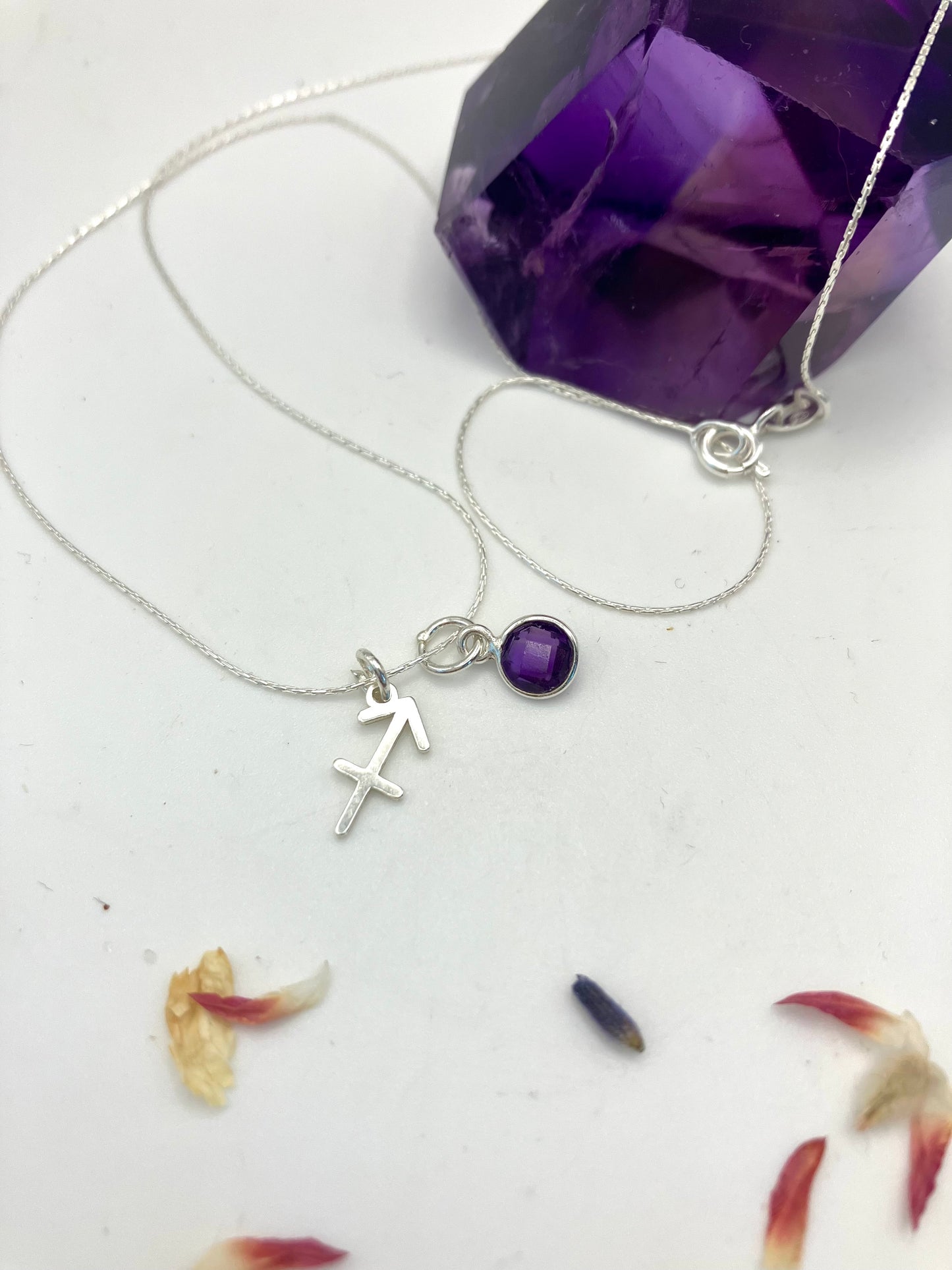 Sterling Silver Sagittarius Necklace with Amethyst gem charm.