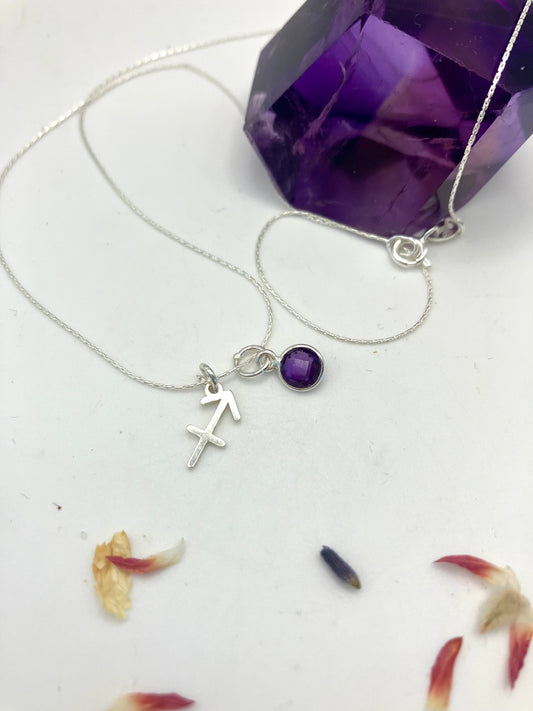 Sterling Silver Sagittarius Necklace with Amethyst gem charm.