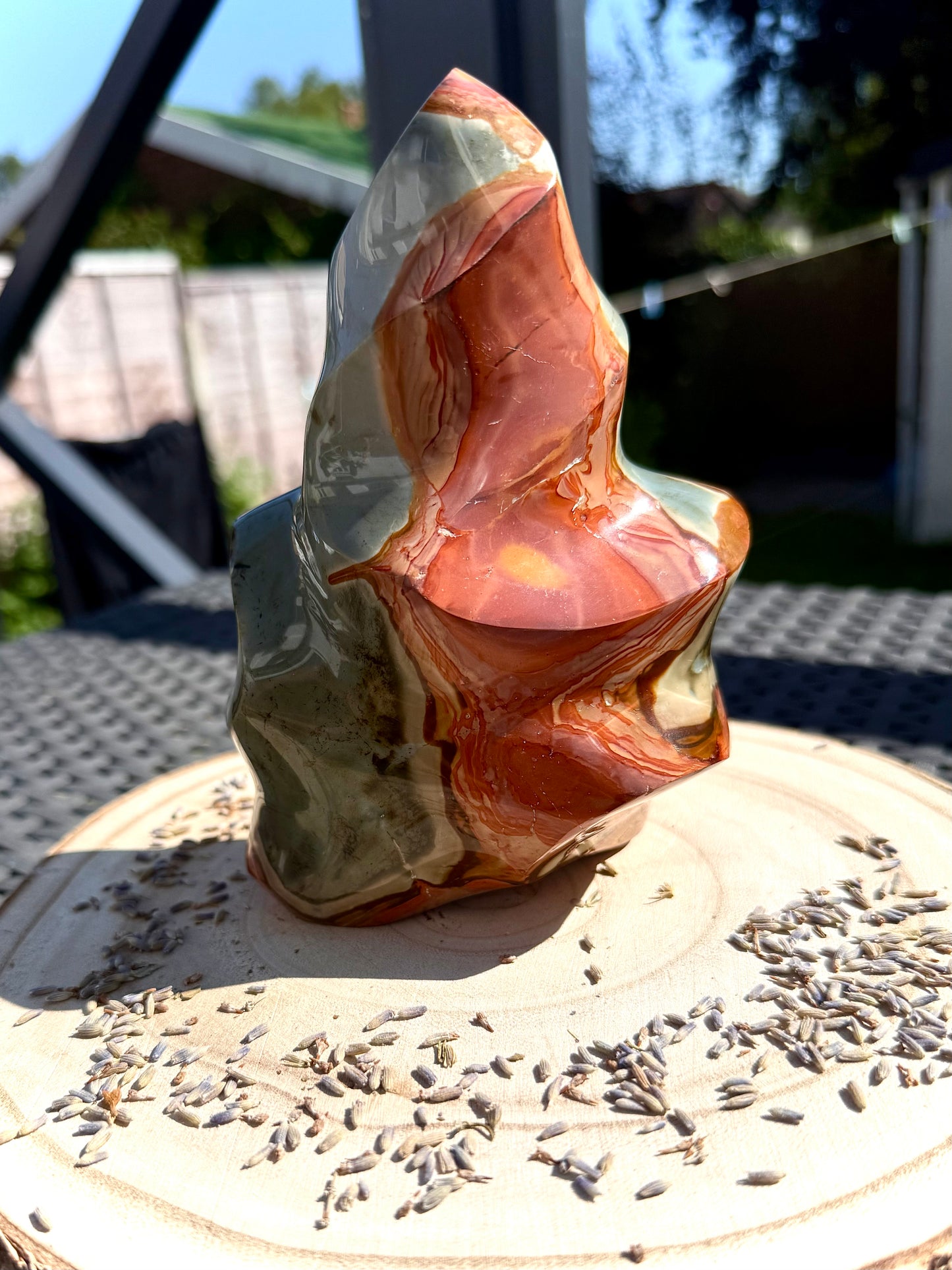 Polychrome Jasper Flame Large – Polished and carved Healing Crystal for empowerment, finding your true self and embodying health, passion and vitality.