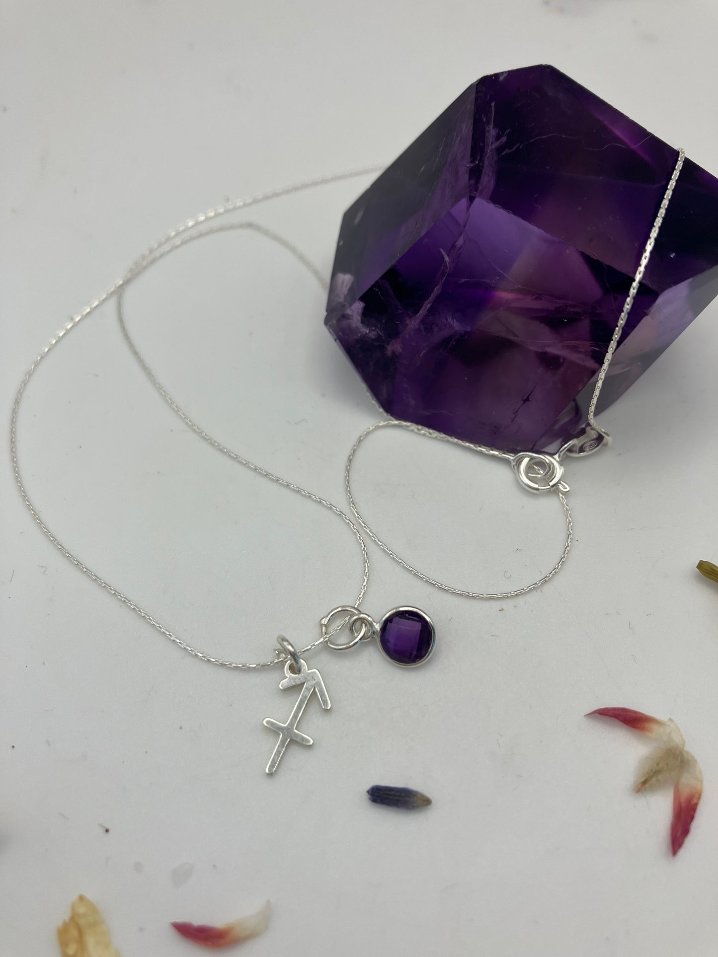 Sterling Silver Sagittarius Necklace with Amethyst gem charm.