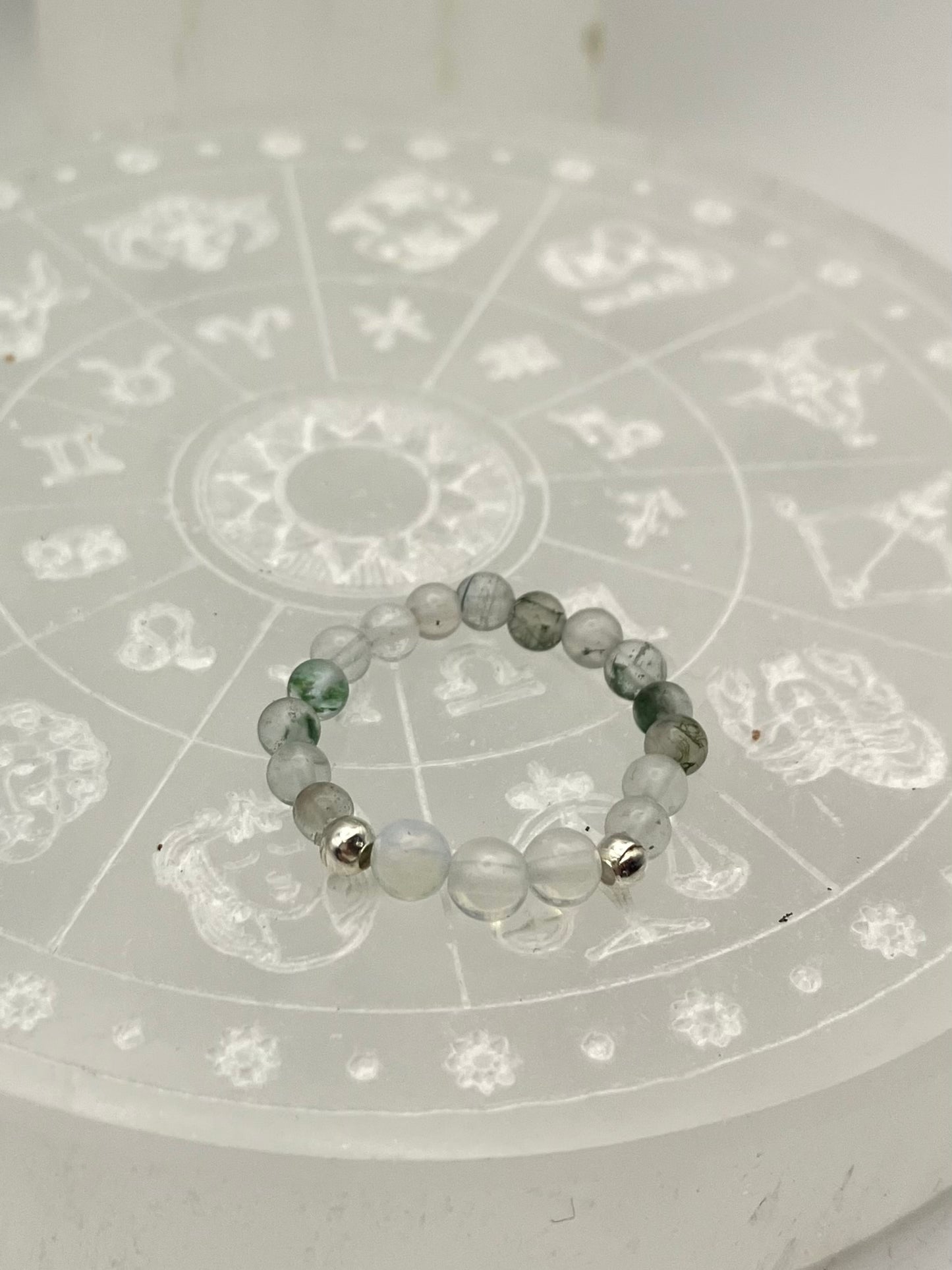 Clarity and concentration - Moss agate and Opalite silver coloured iron beads.