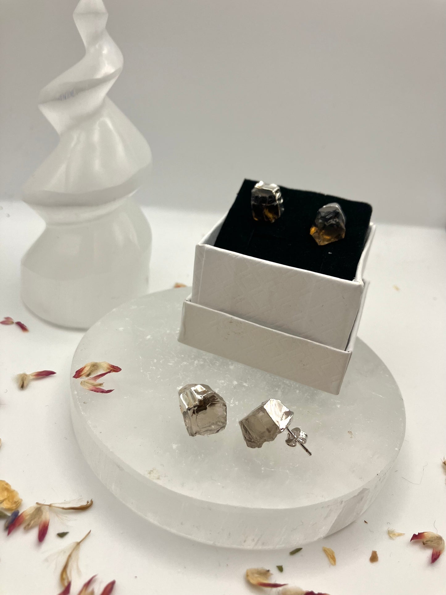 Raw Smoky Quartz chunk stud earrings. Silver plated.