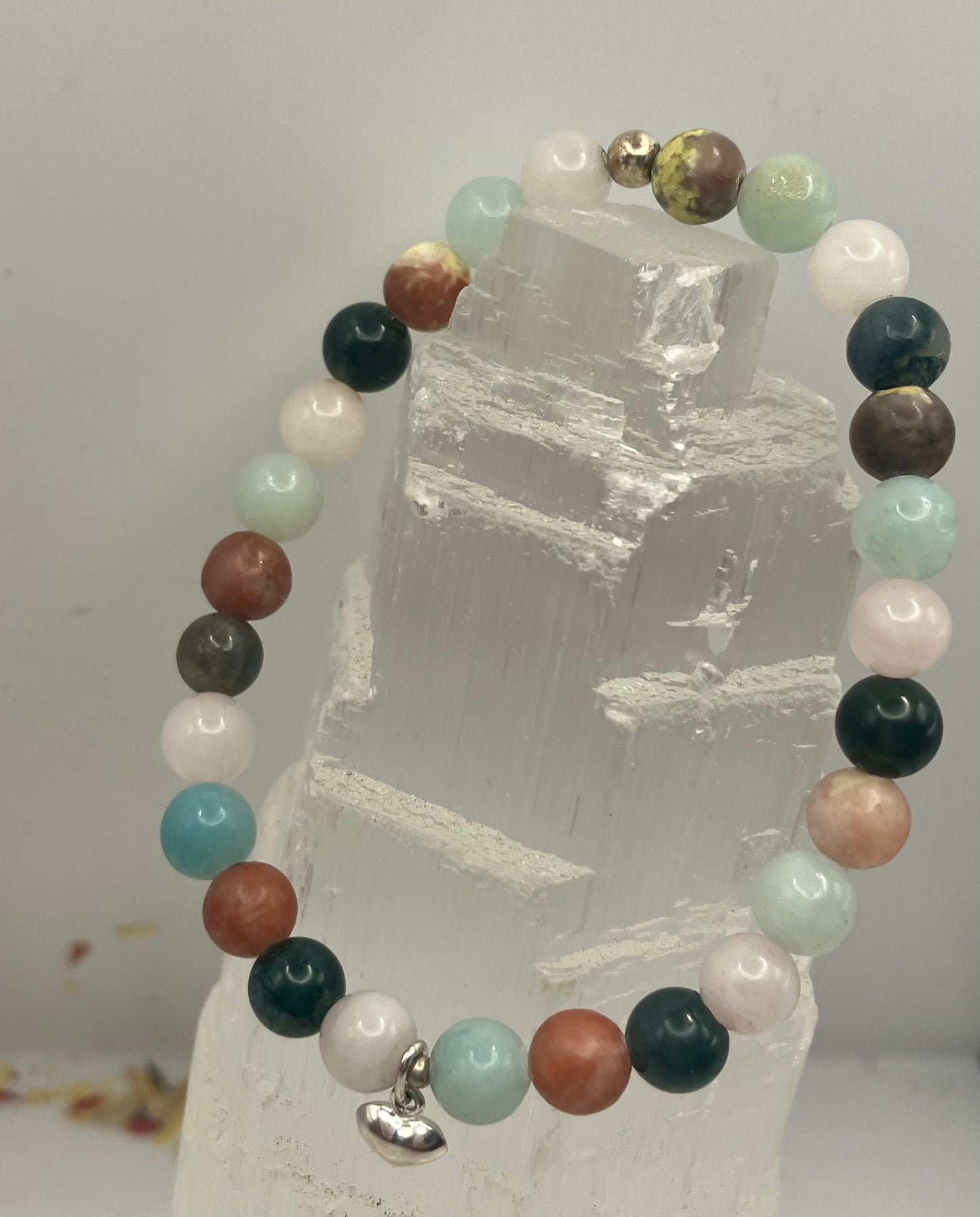 Crystal heart chakra healing bracelet. Amazonite, Moss Agate, Rose Quartz, Lepidolite 6mm. 925 sterling silver and real gemstone beads.