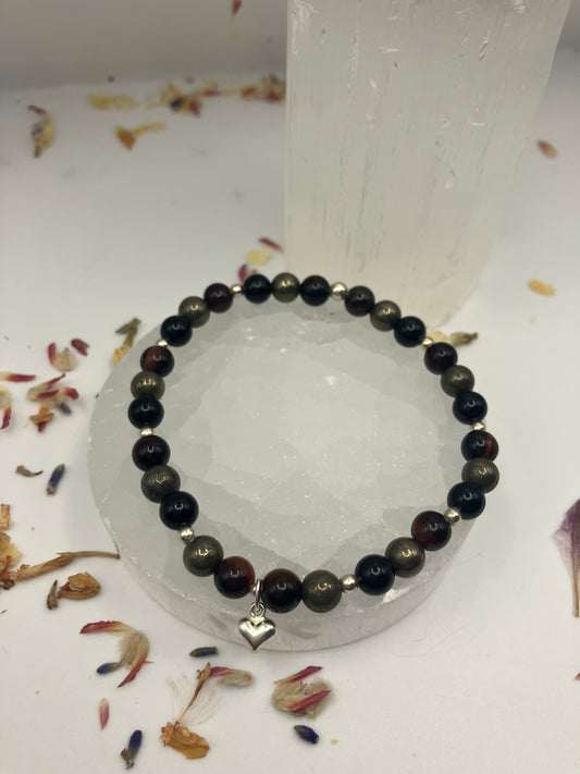 Sterling Silver Protection Healing Bracelet. Red tigers eye, black obsidian, pyrtie. Medium.