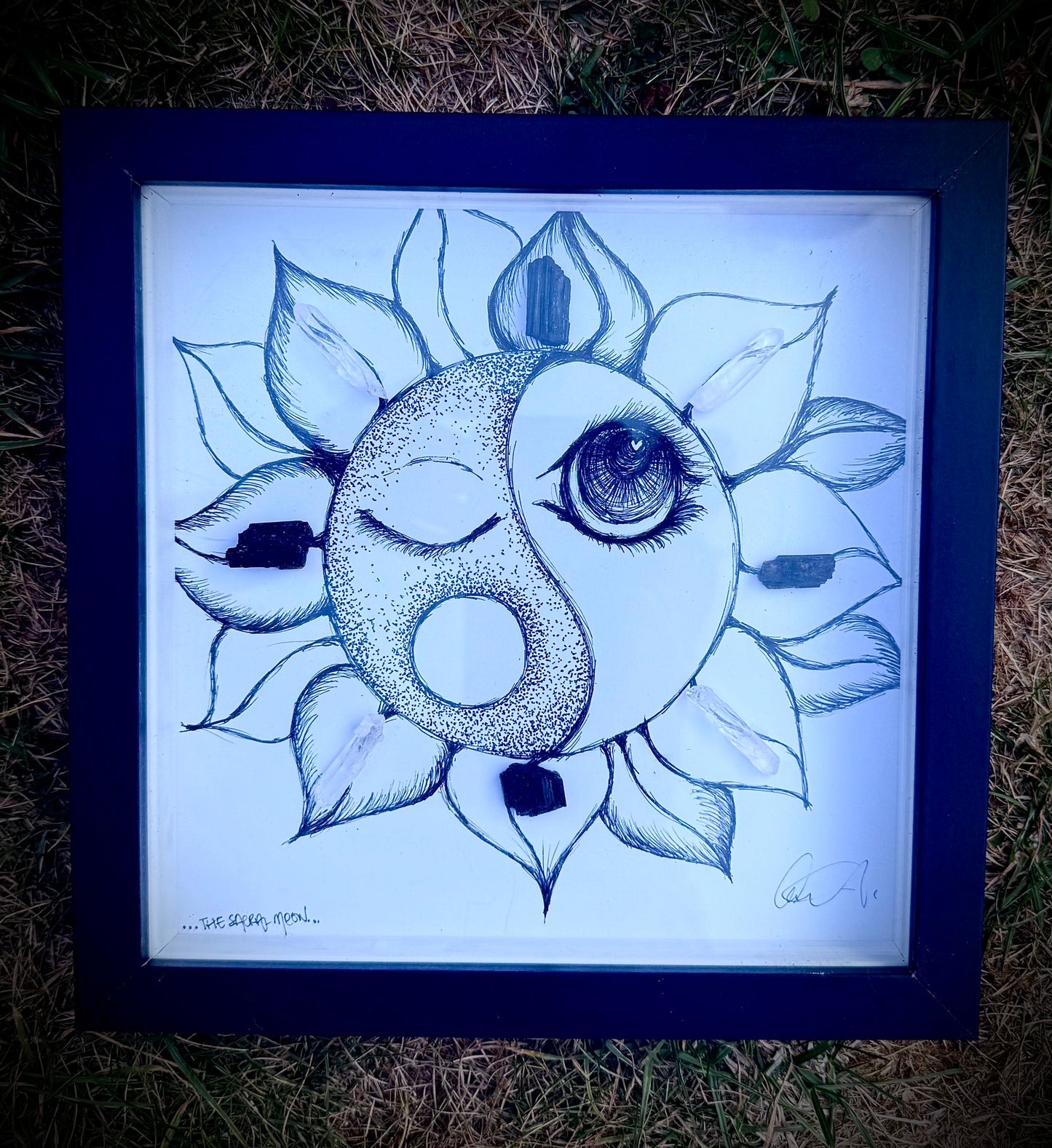 Hand drawn gemstone Art with a heart - crystallised Yin Yang original artwork. Black Tourmaline and Clear Quartz. 20 cm x 20 cm