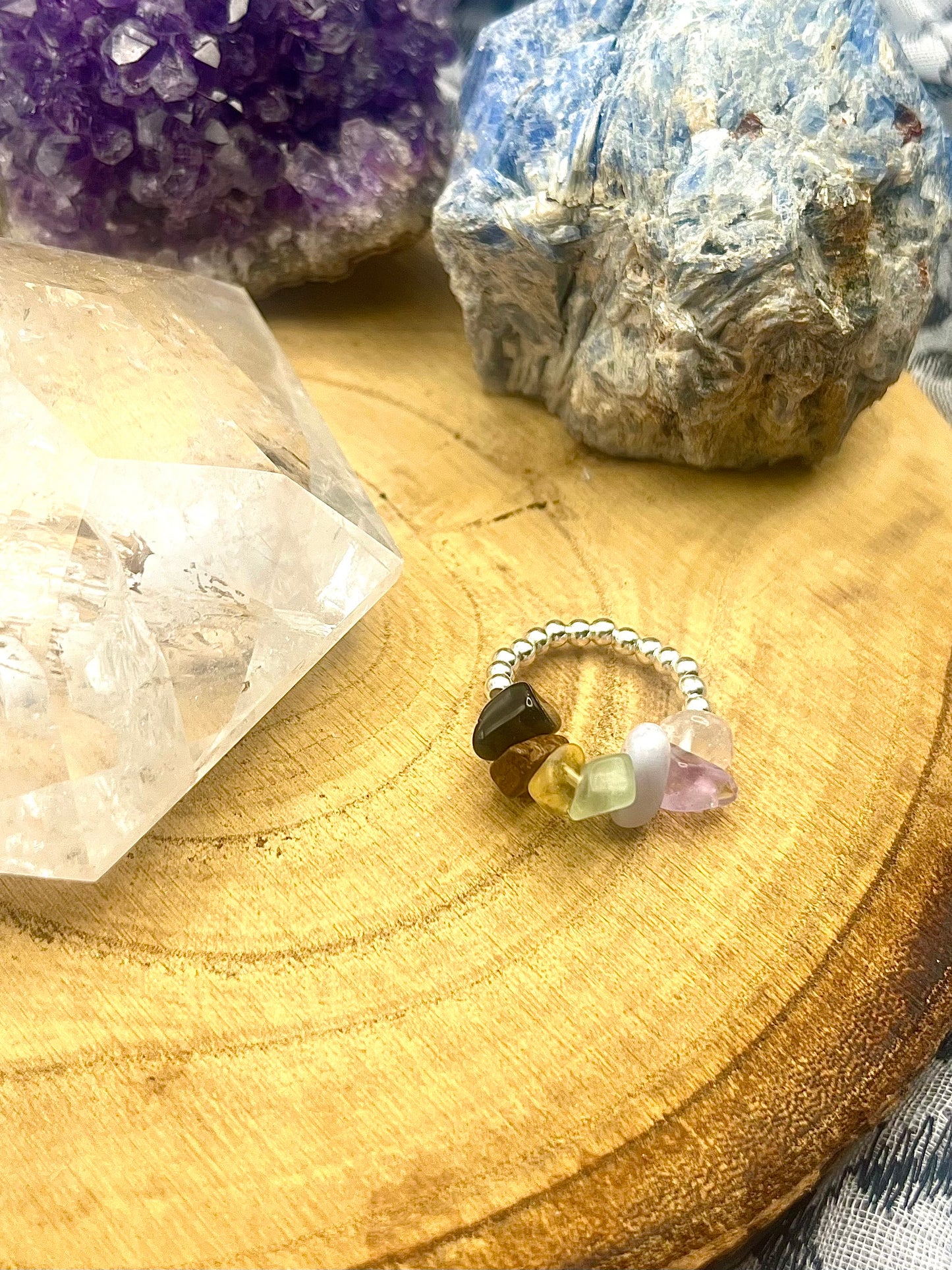 Sterling silver Chakra statement ring - black onyx, tigers eye, se, citrine, fluorite, blue lace agate, amethyst and clear Quartz.