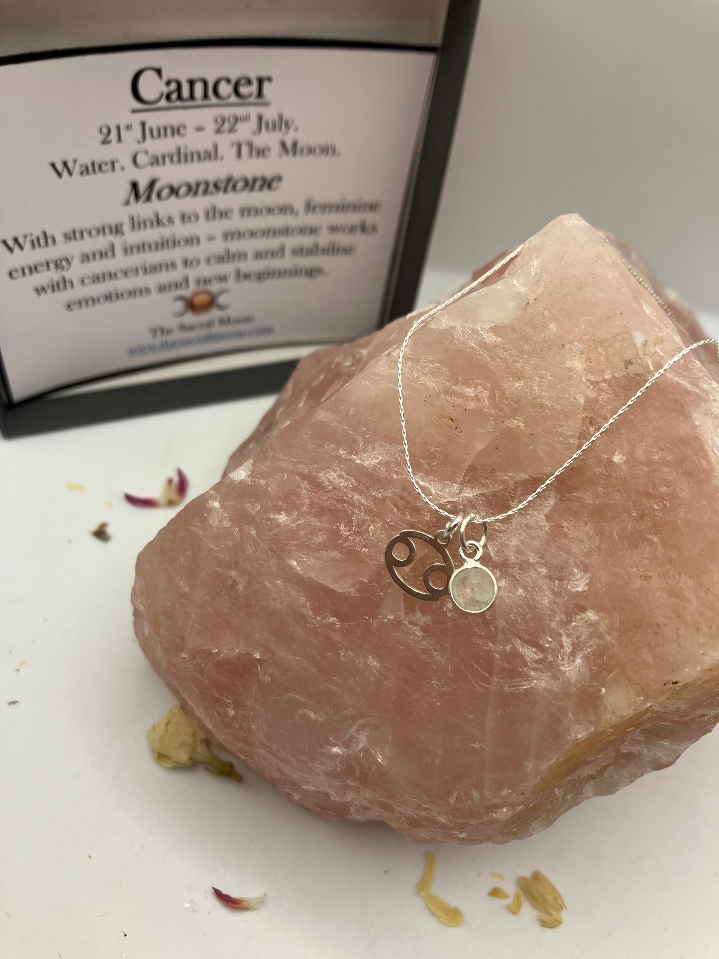 Sterling Silver Cancer Necklace with Moonstone gem charm.