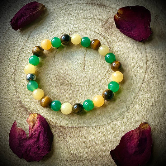 Handmade crystal bracelet for Manifestation, abundance and luck. Tigers eye, green aventurine and honey Jade. 8mm.