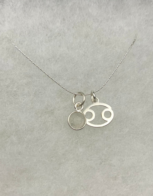 Sterling Silver Cancer Necklace with Moonstone gem charm.