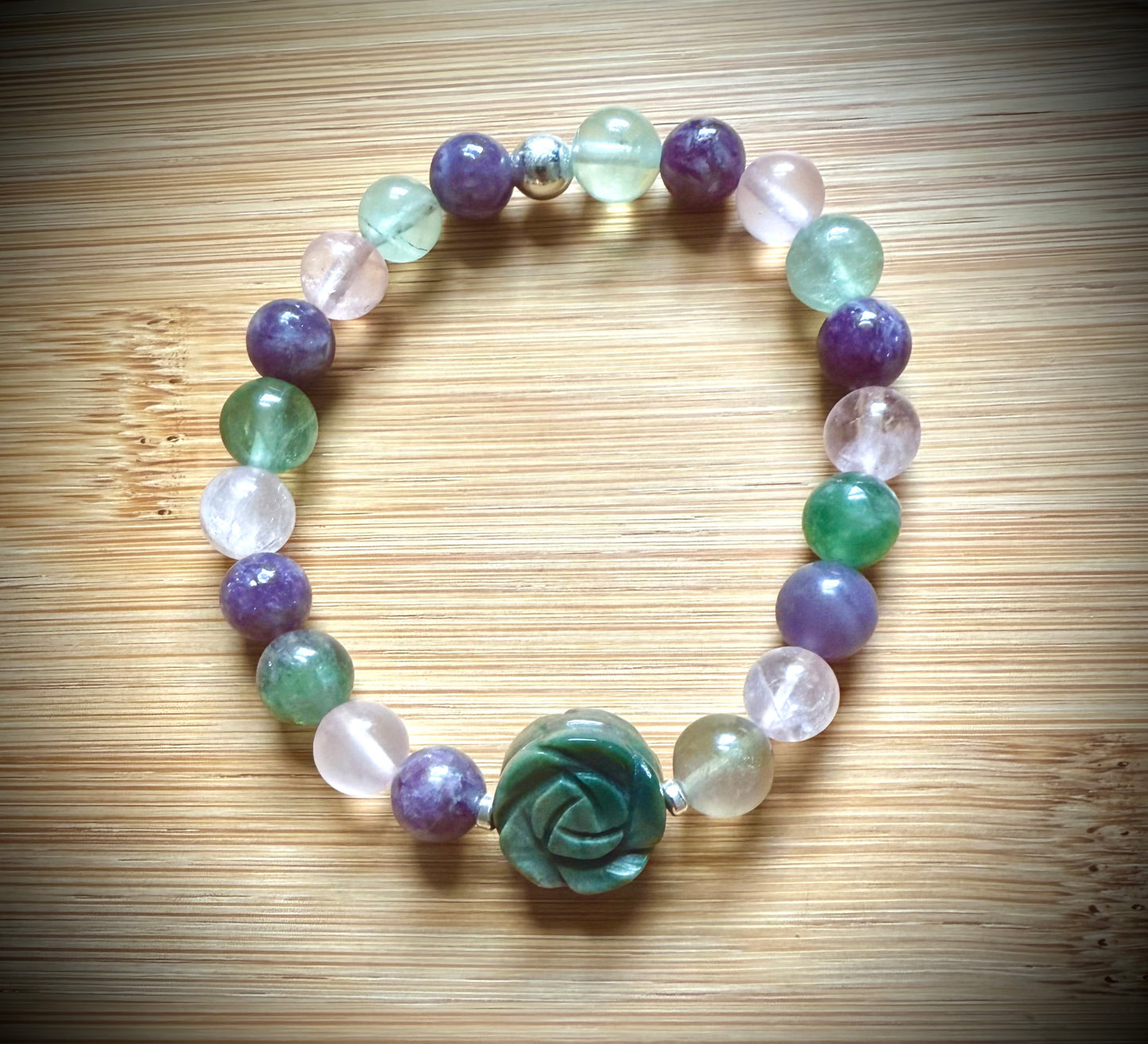Handmade stretch bracelet. 8mm. Indian Agate, purple and green fluorite and lepidolite mica.