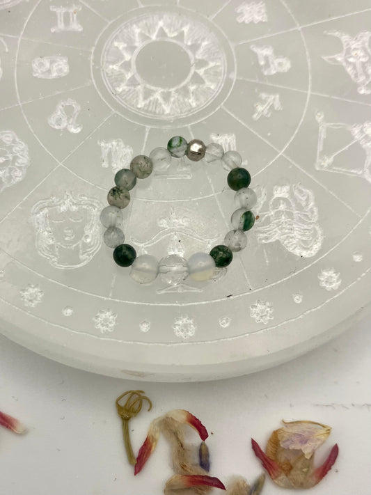 Clarity and concentration - Moss agate, opalite and clear Quartz silver coloured iron bead.