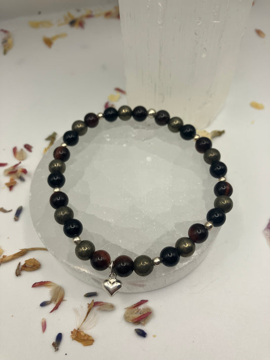 Sterling Silver Protection Healing Bracelet. Red tigers eye, black obsidian, pyrtie. Medium.