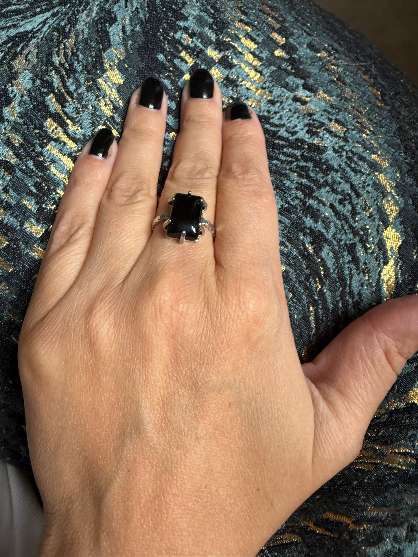 Silver Plated Adjustable Ring - Black Onyx