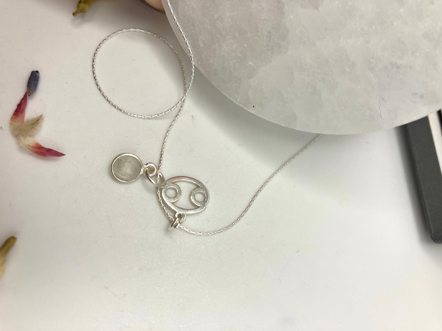 Sterling Silver Cancer Necklace with Moonstone gem charm.