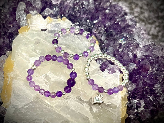 Crystal Dreams - Amethyst Ring stack. Sterling Silver handmade stretchy rings.