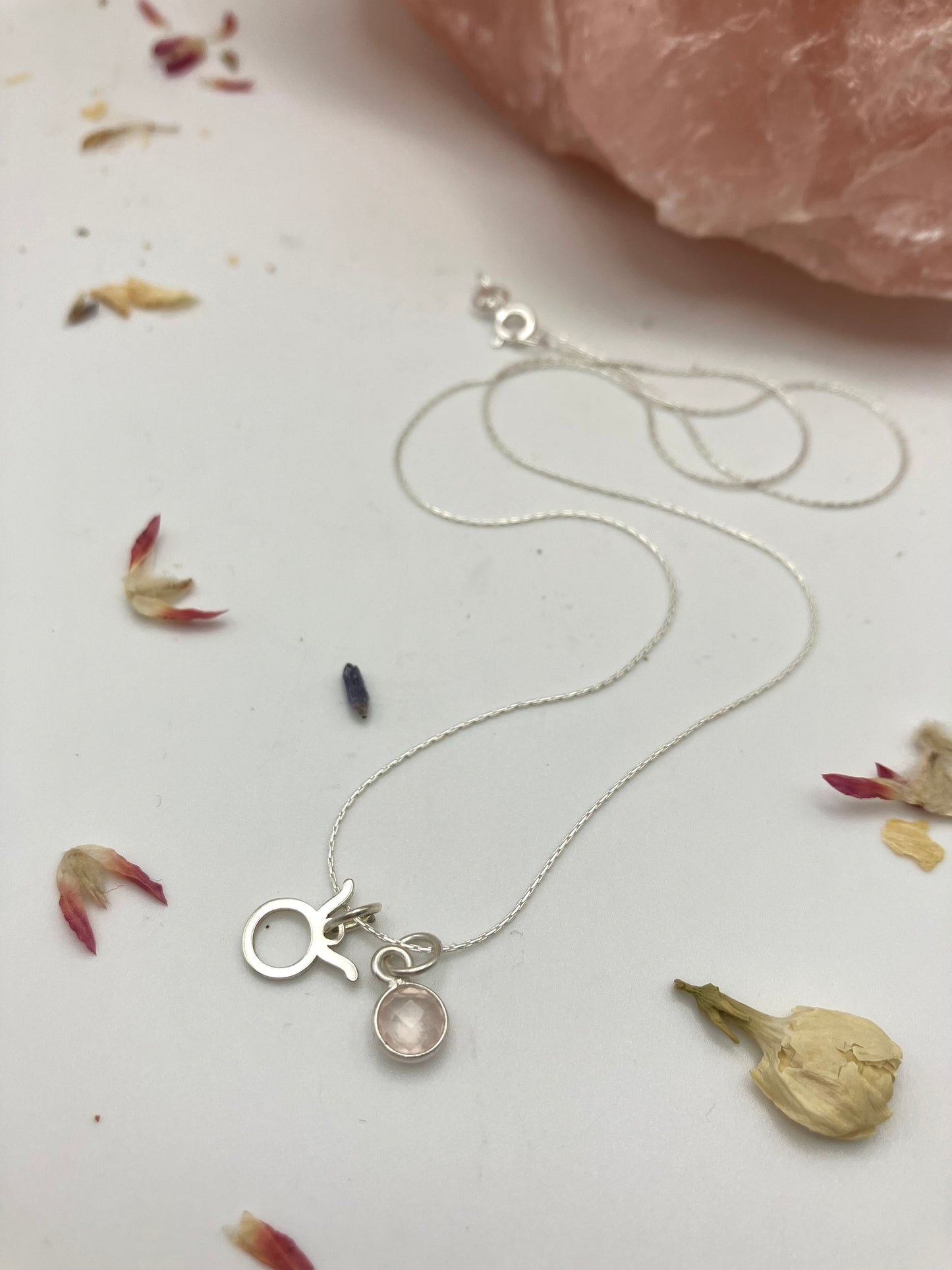 Sterling Silver Taurus Necklace with rose Quartz gem charm.