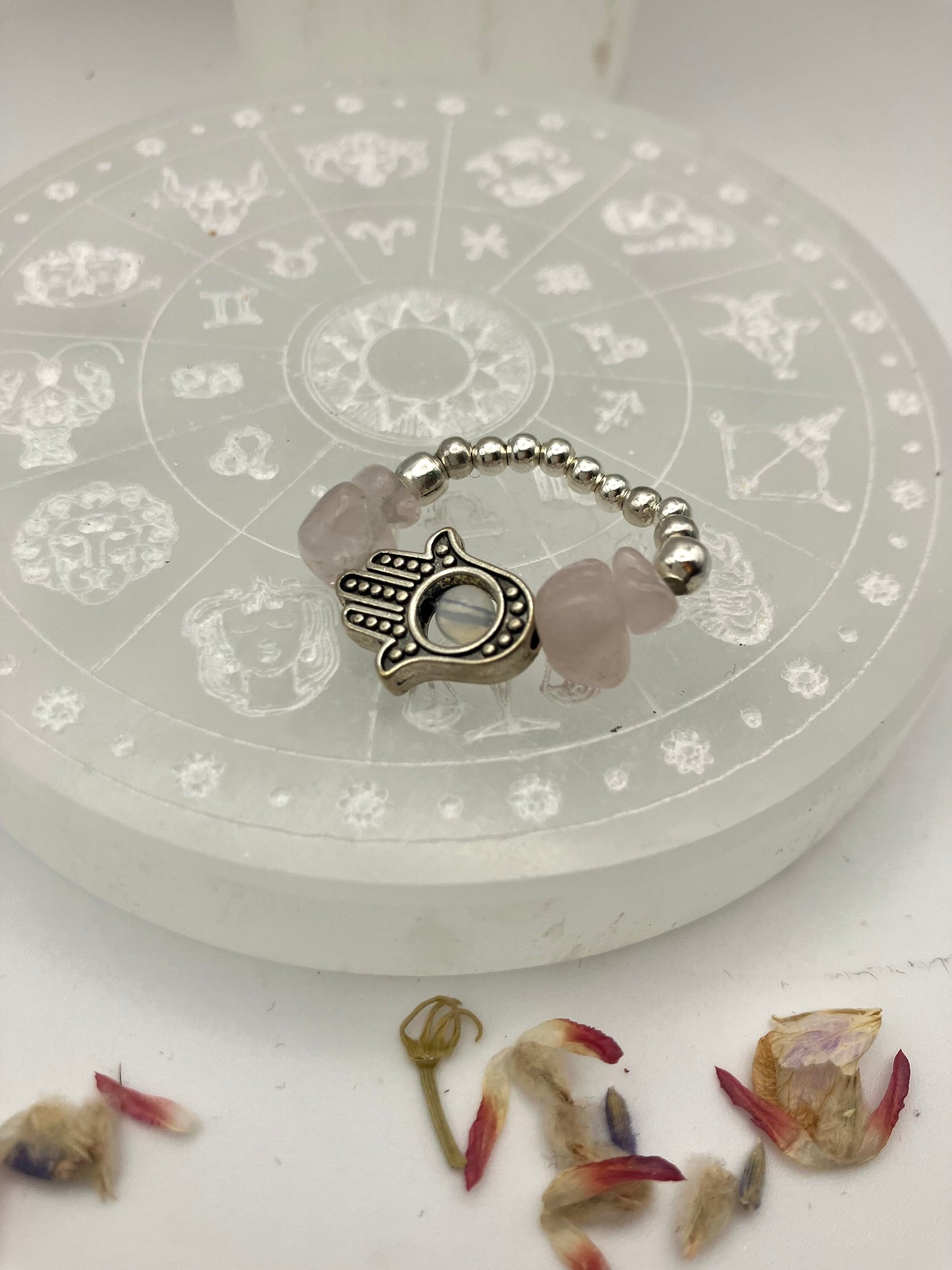 Rose Quartz and opalite with stainless steel Hamada hand and silver coloured iron beads.