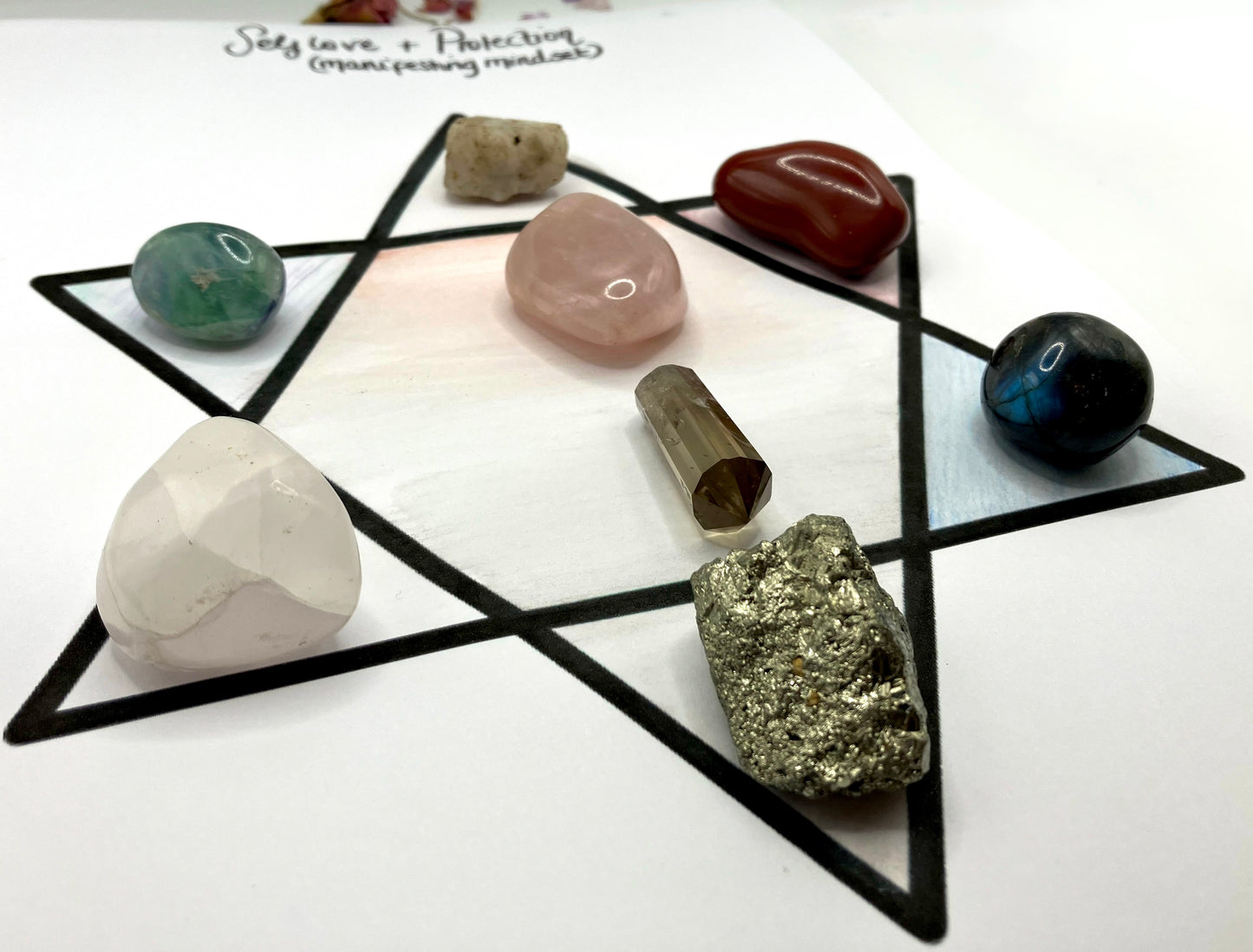 Self love and Protection (for a manifrsting mindset). Channelled crystal set and grid.