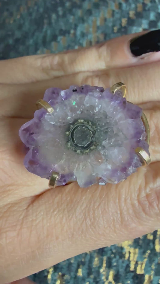 Crystal ring for anxiety. Amethyst Slice Crystal ring. Silver plated and adjustable.