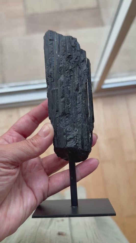 Lustrous Black Tourmaline (Shorl) on Stand. Grounding and Strong Protection.