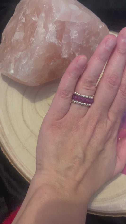 Ruby and Sterling Silver ring stack. Stretchy rings. Size small - Medium.