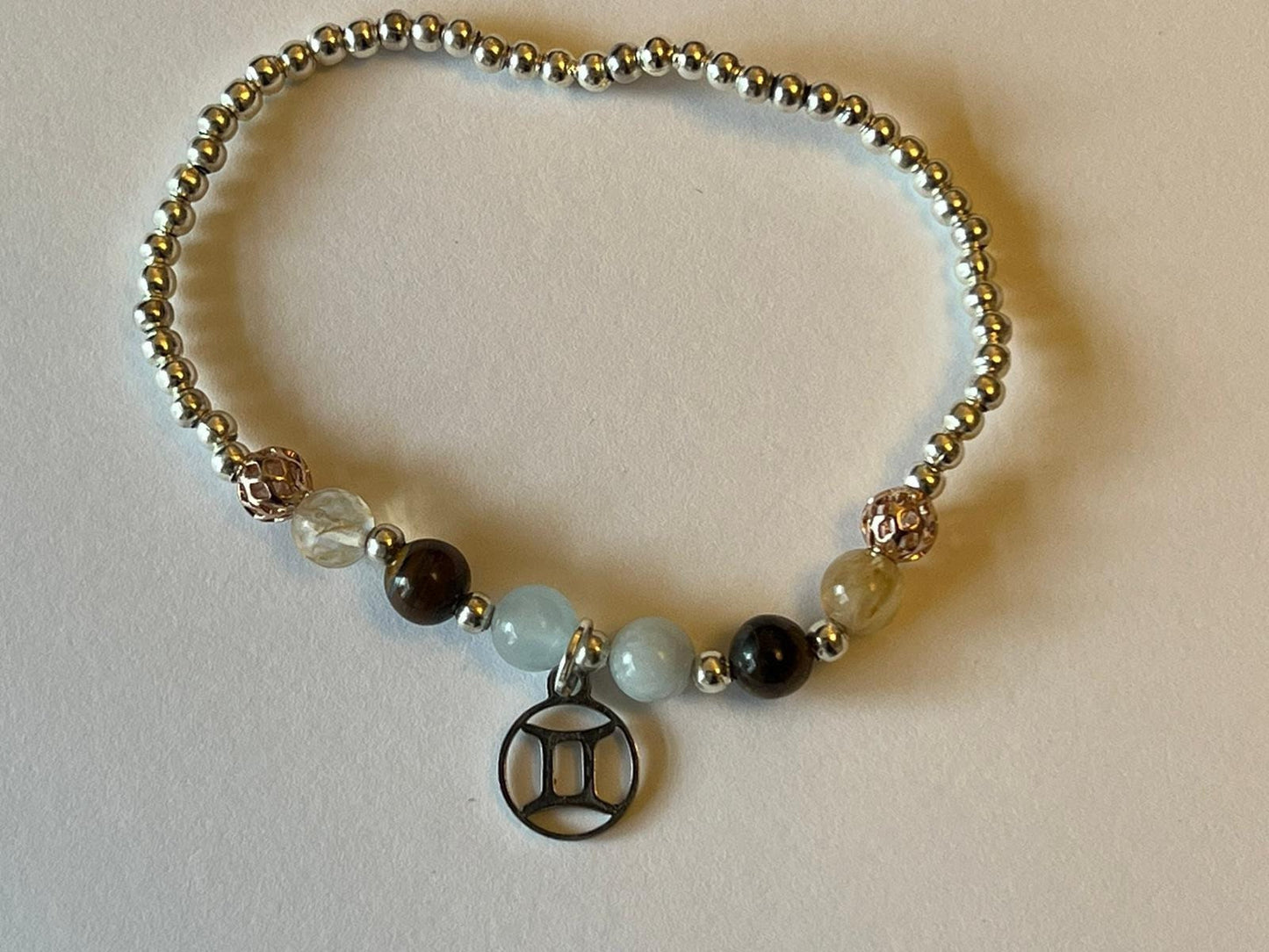 Gemini charm birthstone bracelet. TWO OPTIONS. Citrine, Aquamarine, Tigers Eye, Clear Quartz. Zodiac birthday gift.