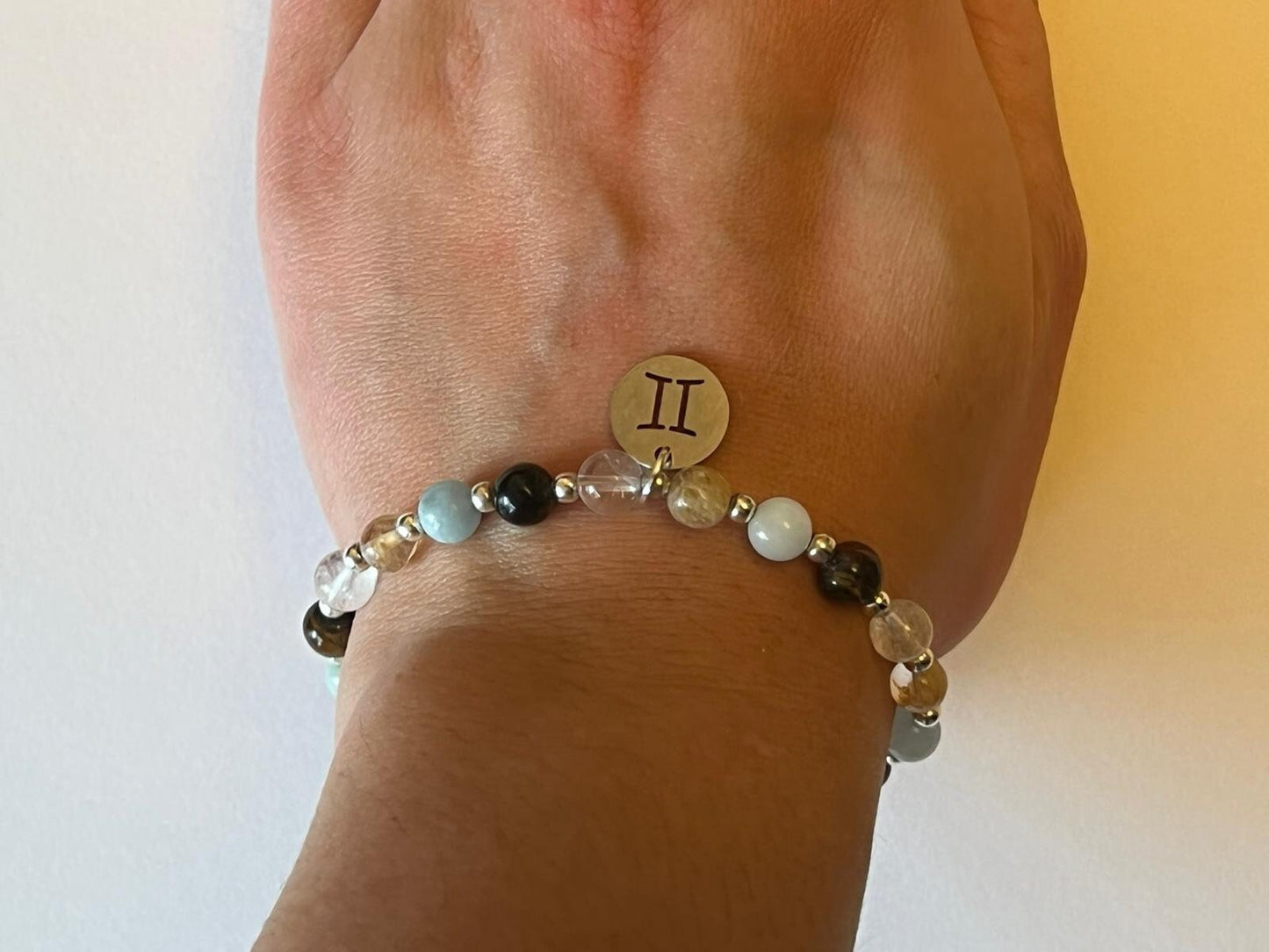 Gemini charm birthstone bracelet. TWO OPTIONS. Citrine, Aquamarine, Tigers Eye, Clear Quartz. Zodiac birthday gift.