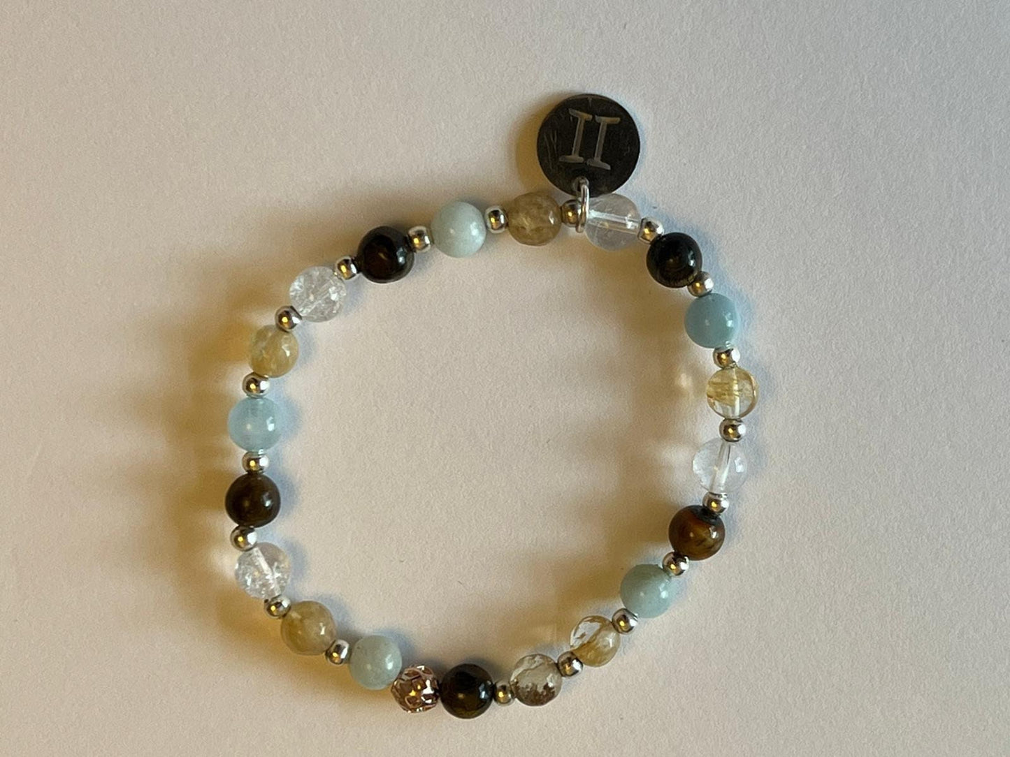 Gemini charm birthstone bracelet. TWO OPTIONS. Citrine, Aquamarine, Tigers Eye, Clear Quartz. Zodiac birthday gift.