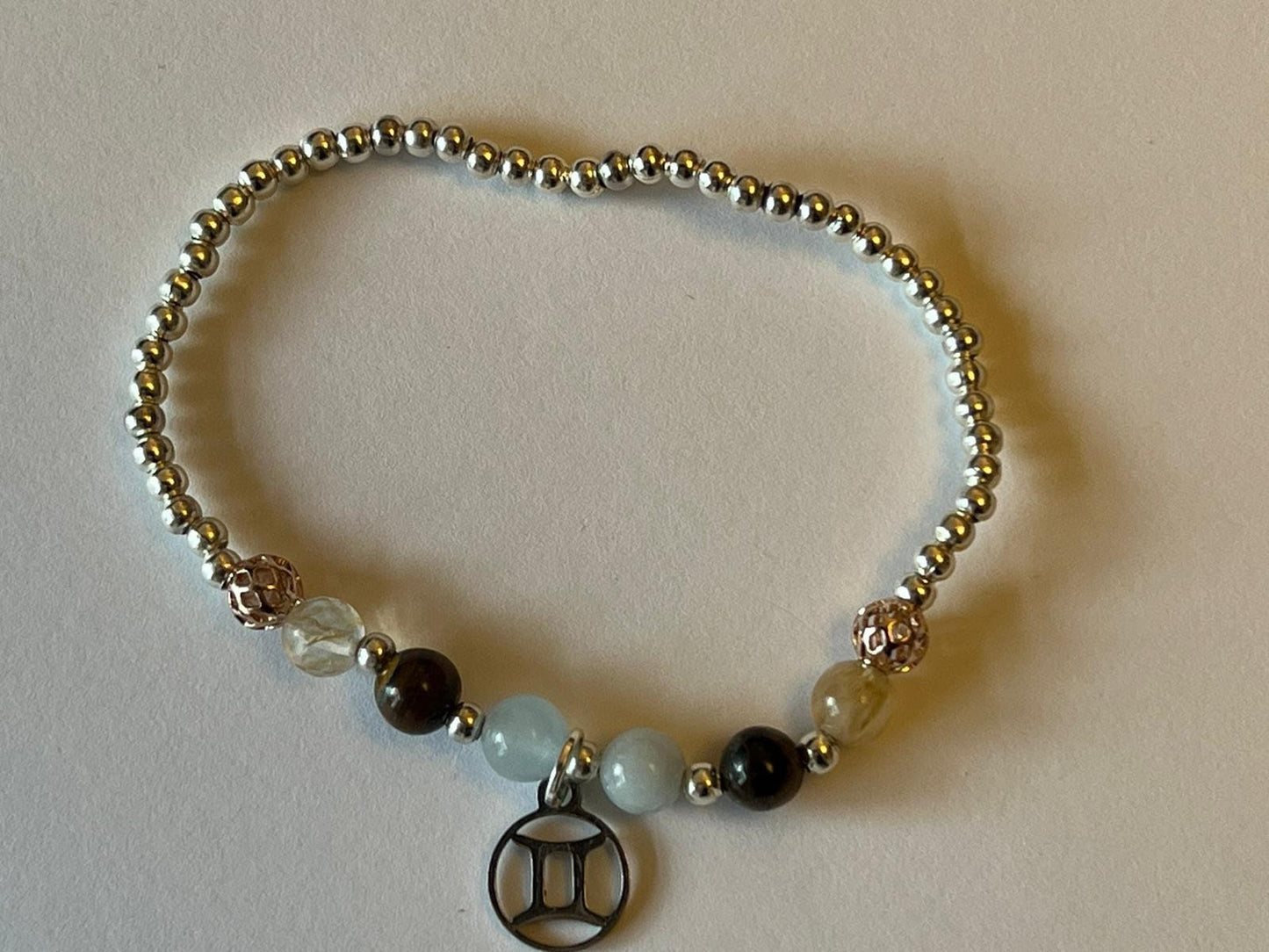 Gemini charm birthstone bracelet. TWO OPTIONS. Citrine, Aquamarine, Tigers Eye, Clear Quartz. Zodiac birthday gift.