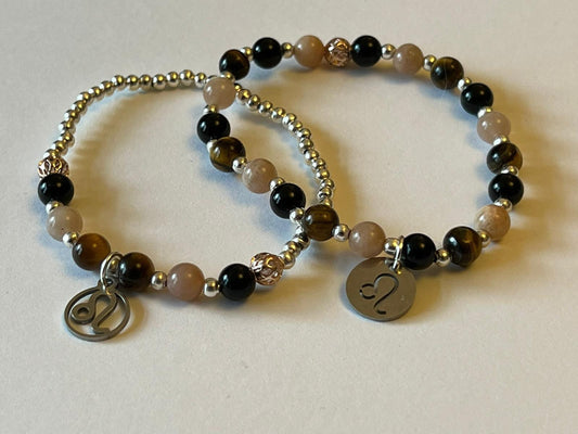 Leo charm birthstone bracelet. TWO OPTIONS. Black onyx, sunstone, tigers eye. Zodiac birthday gift. Confidence, motivation