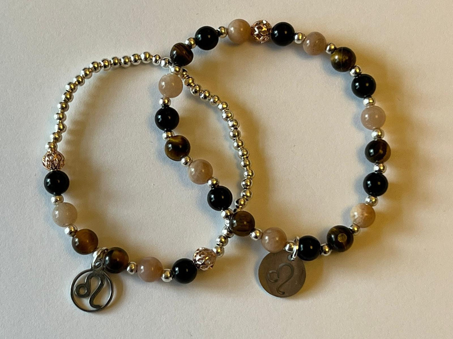 Leo charm birthstone bracelet. TWO OPTIONS. Black onyx, sunstone, tigers eye. Zodiac birthday gift. Confidence, motivation