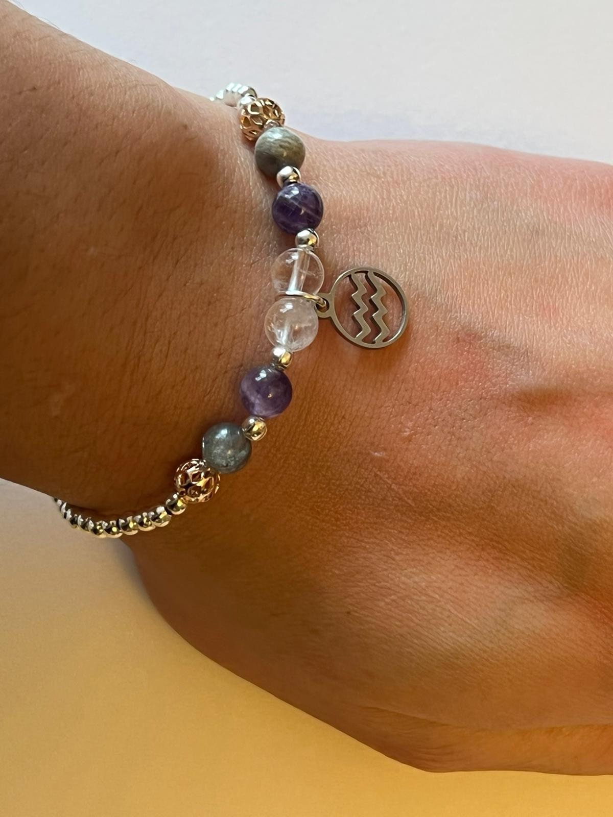 Aquarius charm birthstone bracelet. TWO OPTIONS. Labradorite, Amethyst, Clear quartz. Zodiac birthday gift. Grounding, intellect, intuitive