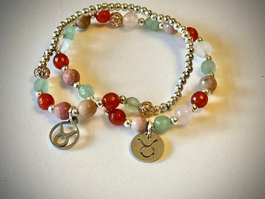 Taurus birthstone bracelet. TWO OPTIONS. Aventurine, carnelian rhodochrosite. Zodiac birthday gift. Self esteem, self confidence, self love