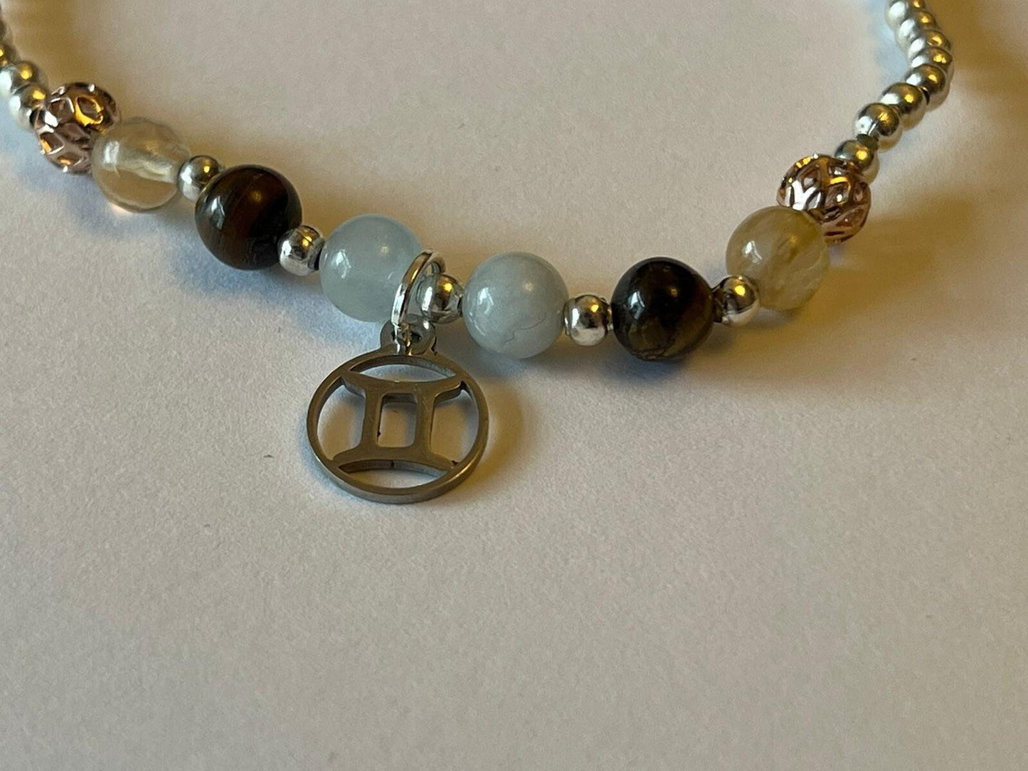 Gemini charm birthstone bracelet. TWO OPTIONS. Citrine, Aquamarine, Tigers Eye, Clear Quartz. Zodiac birthday gift.