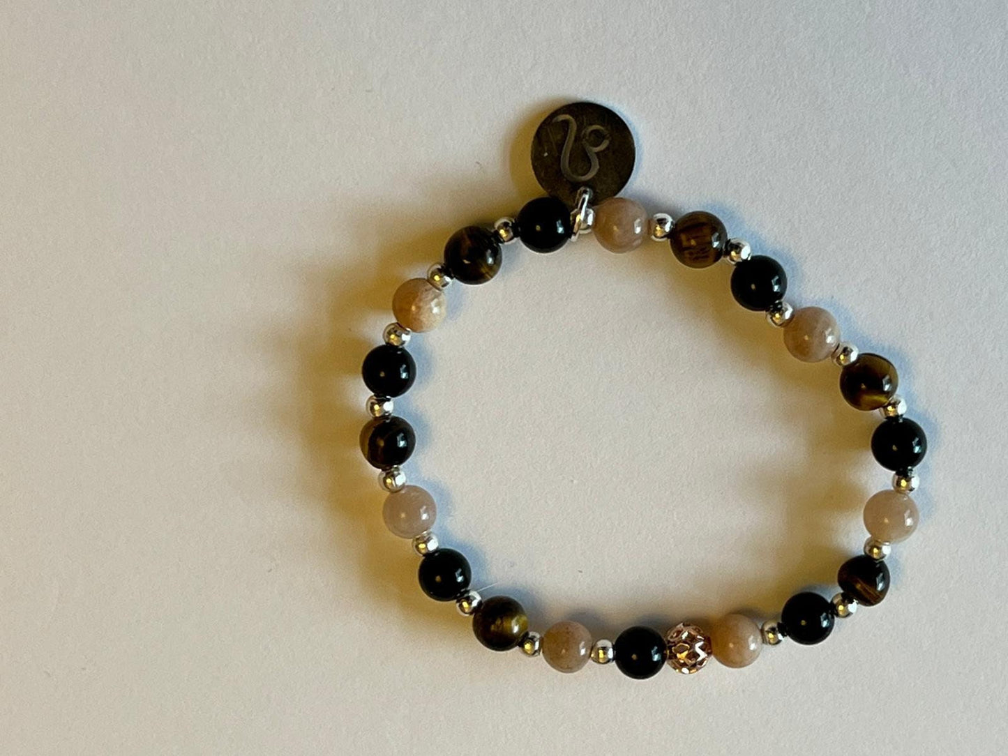 Leo charm birthstone bracelet. TWO OPTIONS. Black onyx, sunstone, tigers eye. Zodiac birthday gift. Confidence, motivation