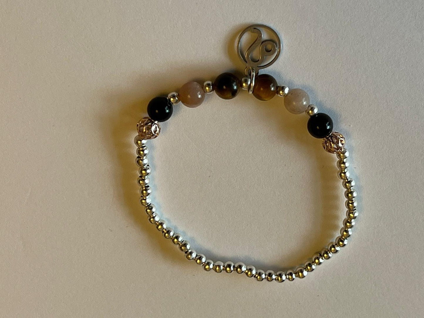 Leo charm birthstone bracelet. TWO OPTIONS. Black onyx, sunstone, tigers eye. Zodiac birthday gift. Confidence, motivation