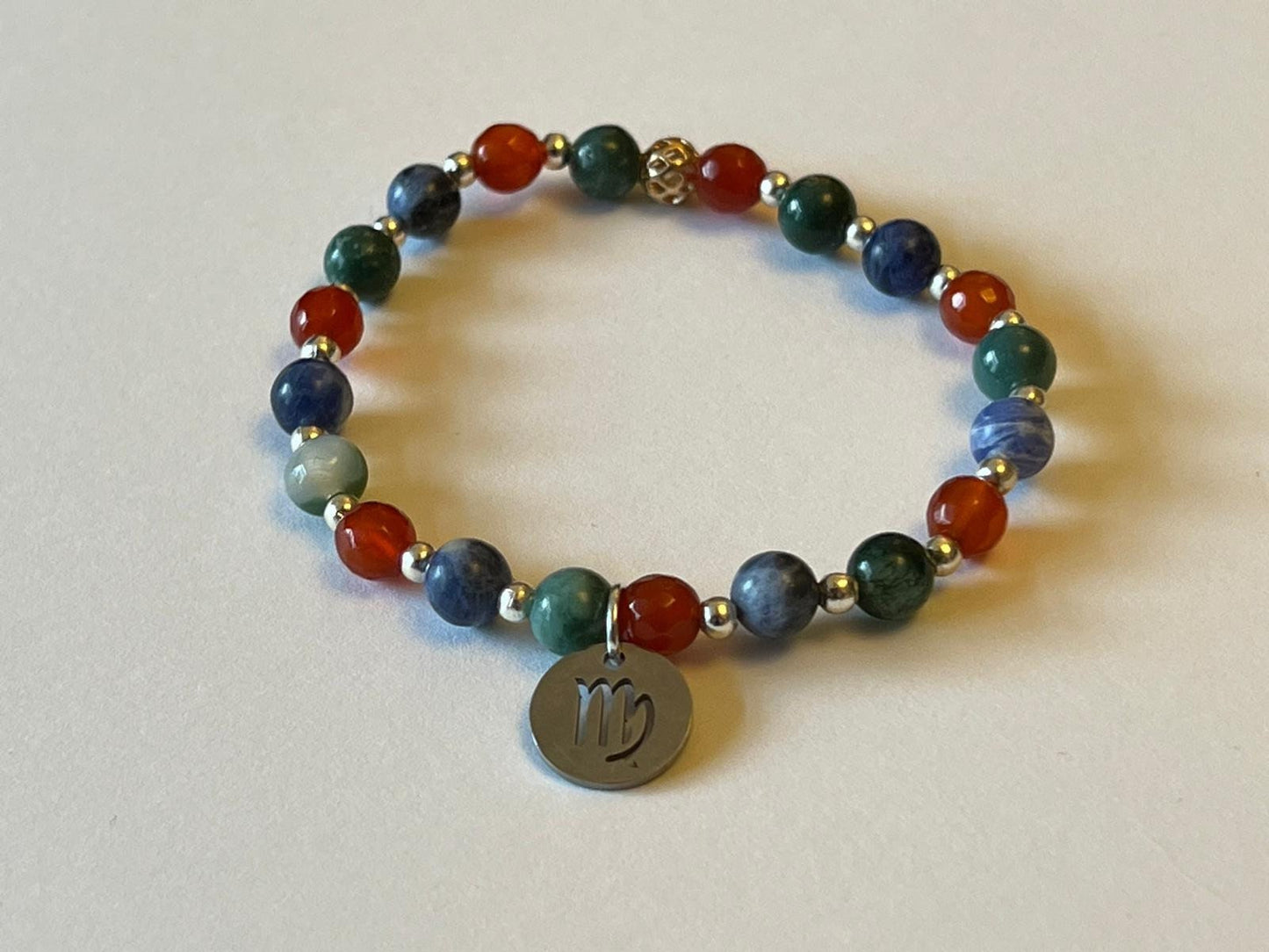 Virgo charm birthstone bracelet. TWO OPTIONS. sodalite, carnelian, moss agate. Zodiac birthday gift. Grounding, earthy, creativity