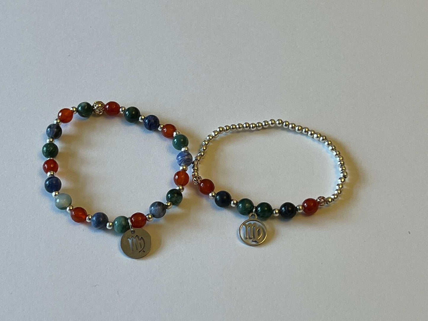 Virgo charm birthstone bracelet. TWO OPTIONS. sodalite, carnelian, moss agate. Zodiac birthday gift. Grounding, earthy, creativity