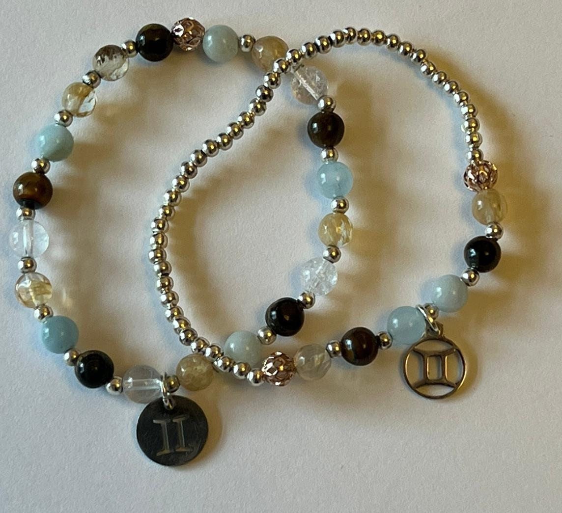 Gemini charm birthstone bracelet. TWO OPTIONS. Citrine, Aquamarine, Tigers Eye, Clear Quartz. Zodiac birthday gift.