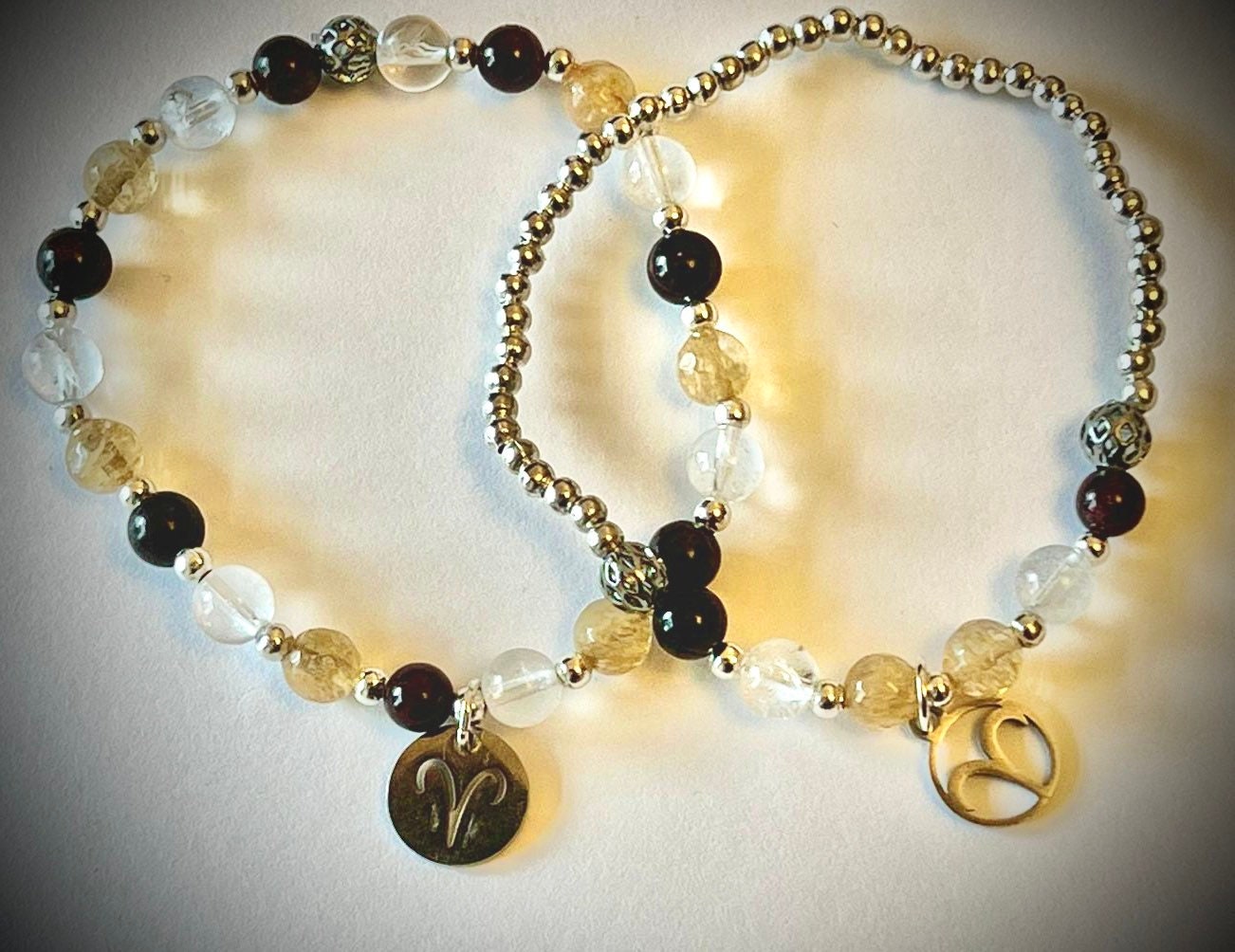 Aries charm birthstone bracelet. TWO OPTIONS. Citrine, clear quartz, garnet. Zodiac birthday gift. Self esteem, self confidence