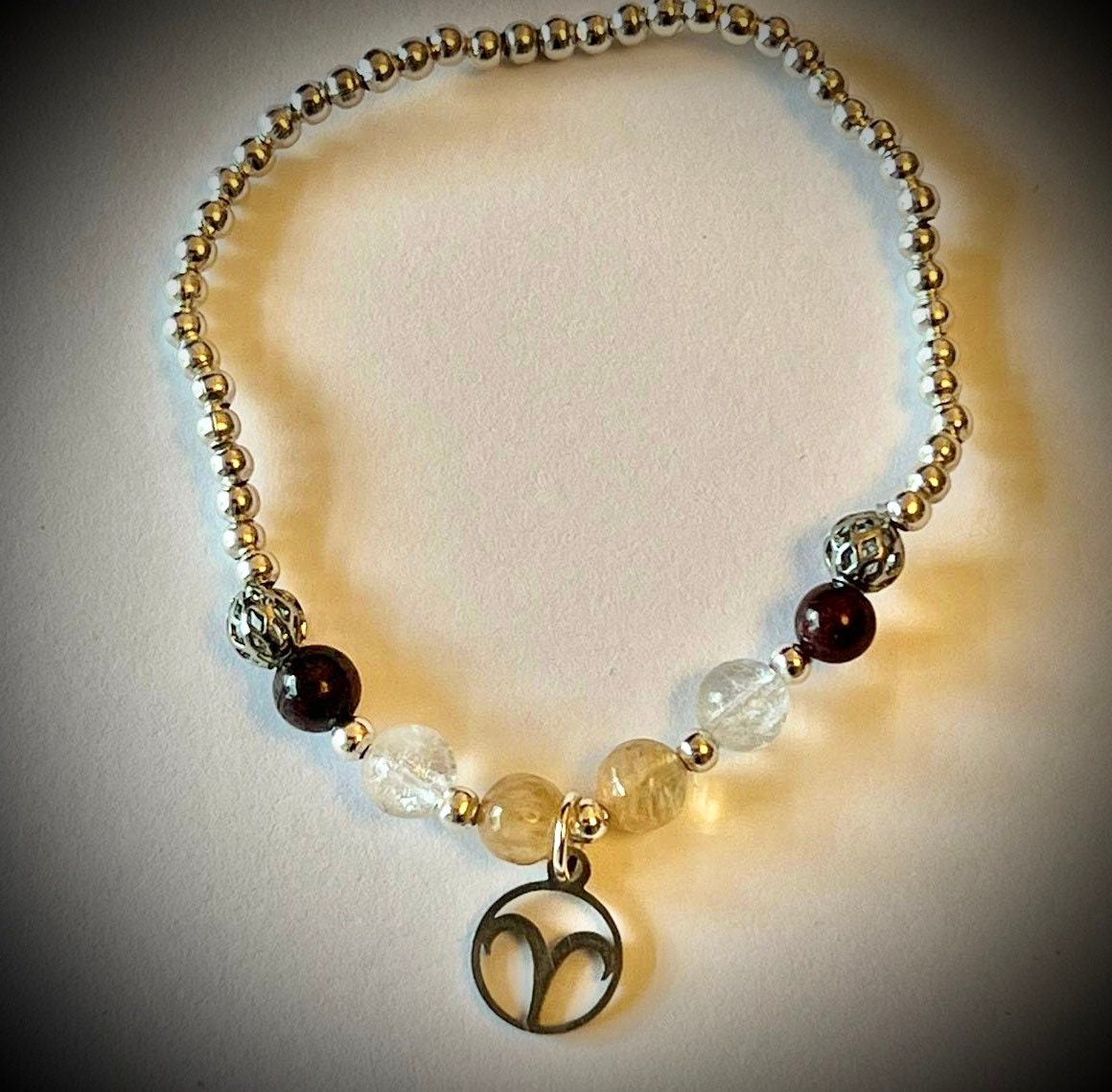 Aries charm birthstone bracelet. TWO OPTIONS. Citrine, clear quartz, garnet. Zodiac birthday gift. Self esteem, self confidence