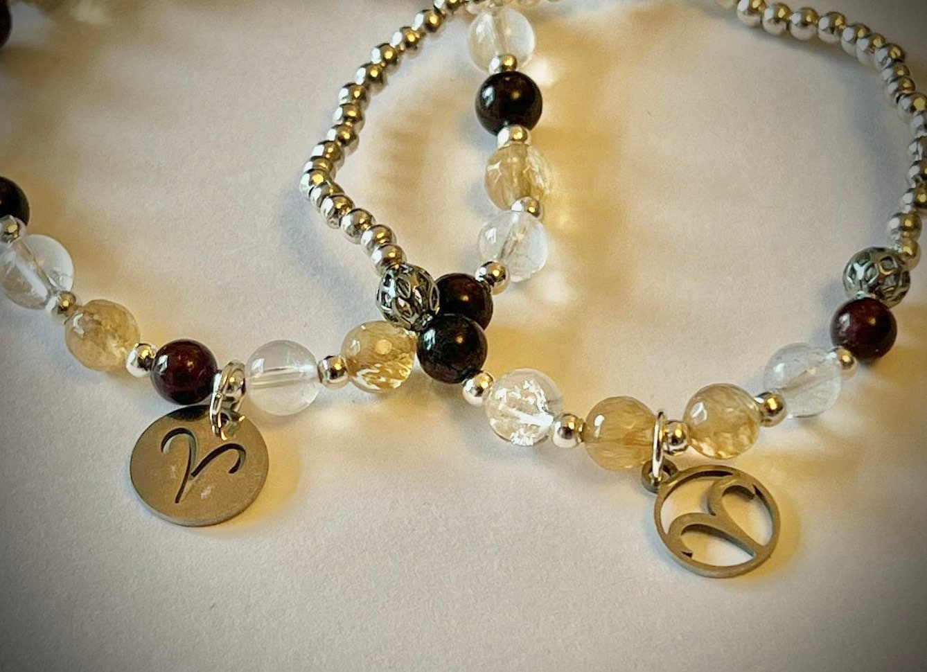 Aries charm birthstone bracelet. TWO OPTIONS. Citrine, clear quartz, garnet. Zodiac birthday gift. Self esteem, self confidence