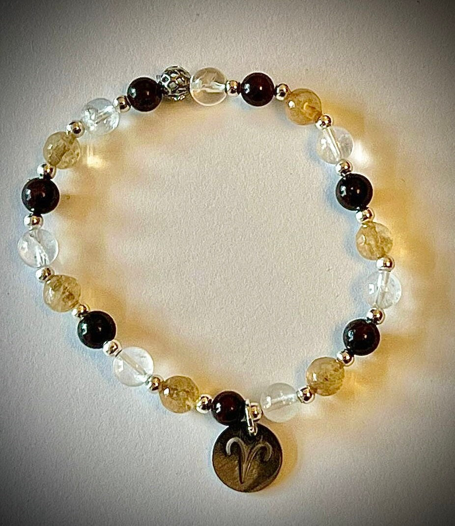 Aries charm birthstone bracelet. TWO OPTIONS. Citrine, clear quartz, garnet. Zodiac birthday gift. Self esteem, self confidence