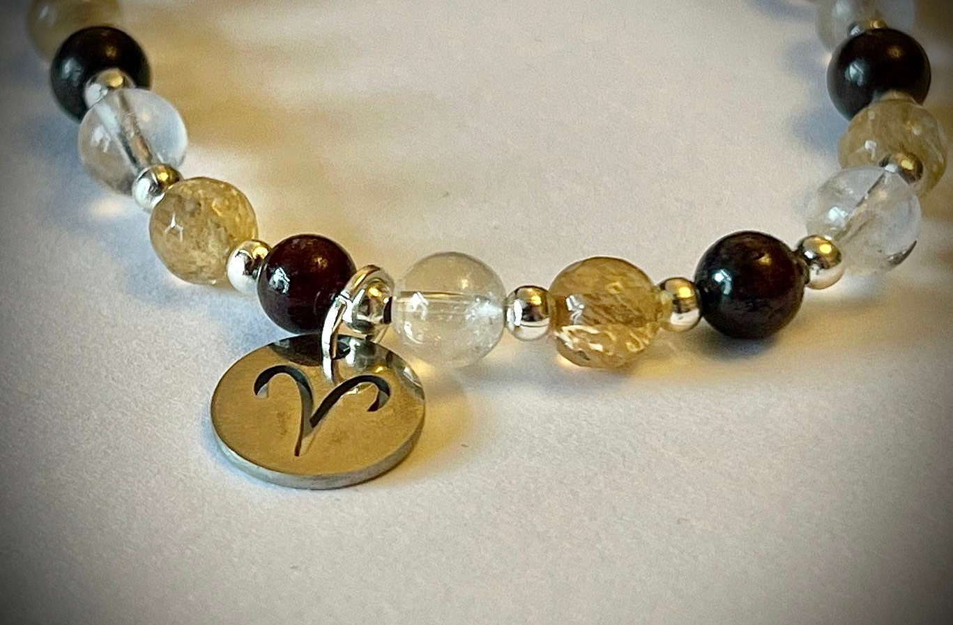 Aries charm birthstone bracelet. TWO OPTIONS. Citrine, clear quartz, garnet. Zodiac birthday gift. Self esteem, self confidence