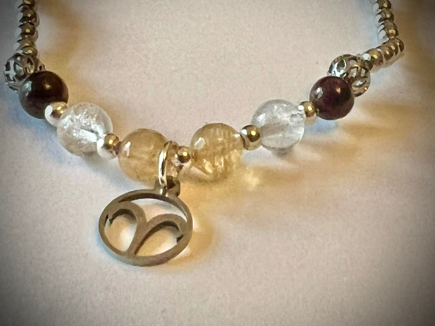 Aries charm birthstone bracelet. TWO OPTIONS. Citrine, clear quartz, garnet. Zodiac birthday gift. Self esteem, self confidence