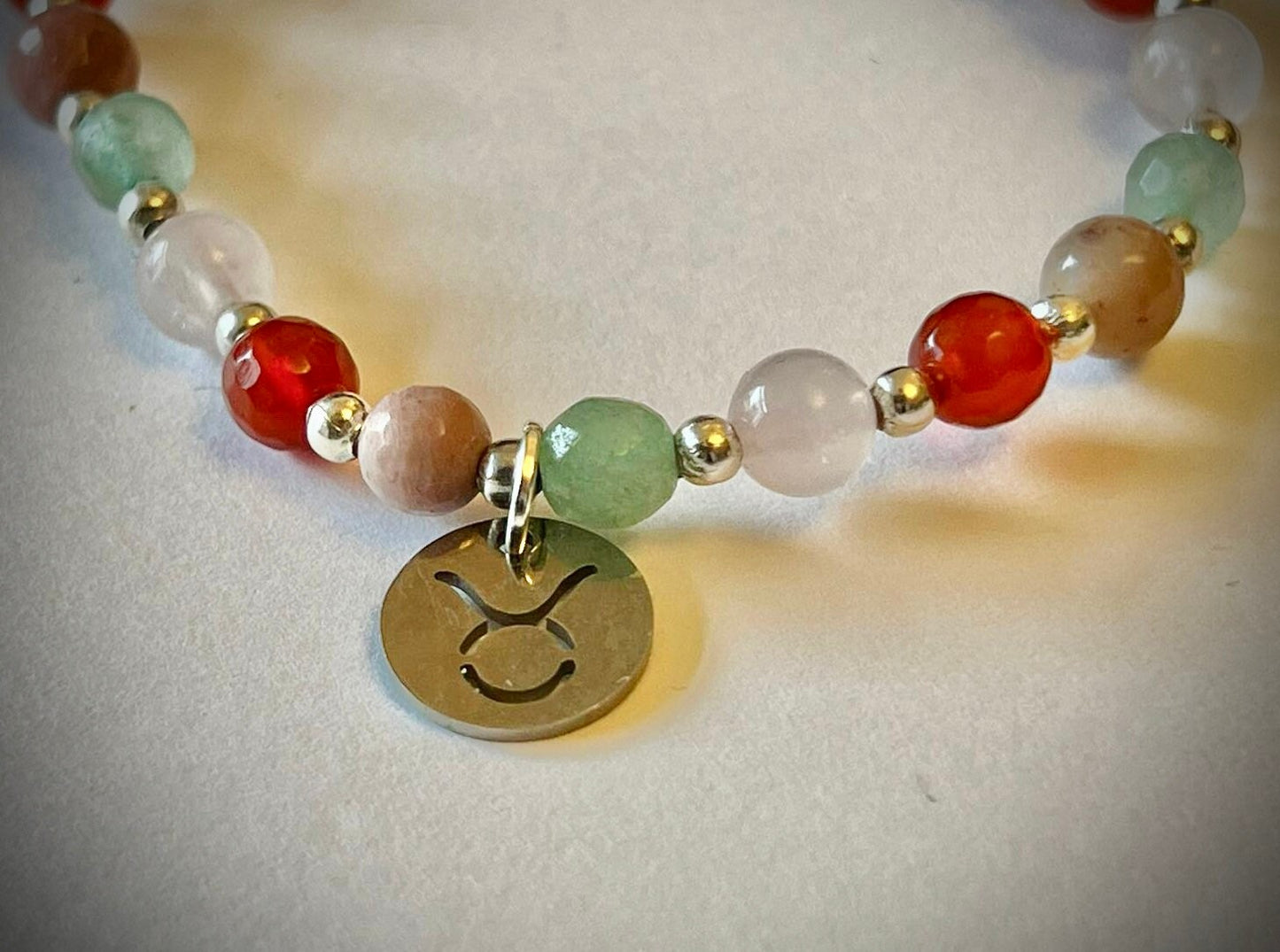 Taurus birthstone bracelet. TWO OPTIONS. Aventurine, carnelian rhodochrosite. Zodiac birthday gift. Self esteem, self confidence, self love
