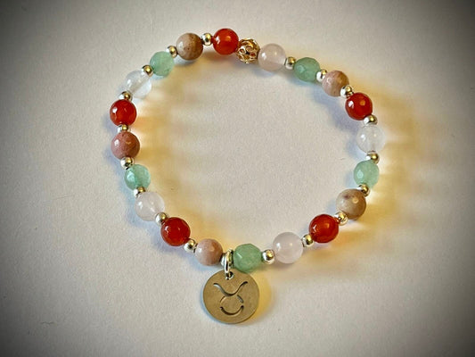 Taurus birthstone bracelet. TWO OPTIONS. Aventurine, carnelian rhodochrosite. Zodiac birthday gift. Self esteem, self confidence, self love