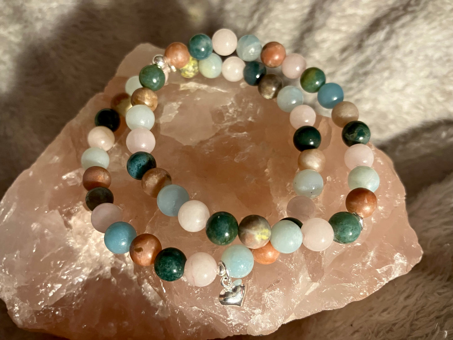 Crystal heart chakra healing bracelet. Amazonite, Moss Agate, Rose Quartz, Lepidolite 6mm. 925 sterling silver and real gemstone beads.