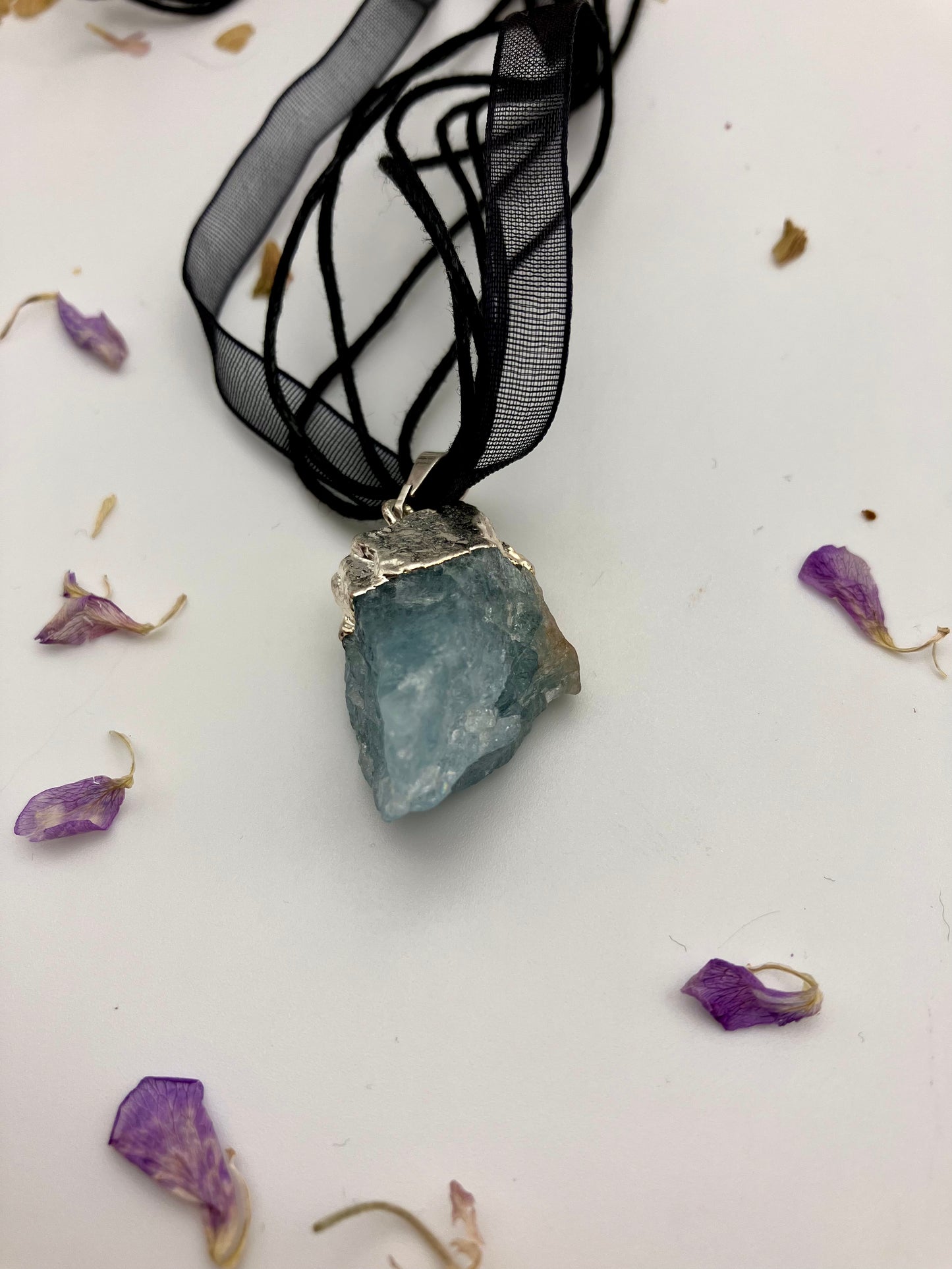 Large raw Electroplated silver AQUAMARINE necklace